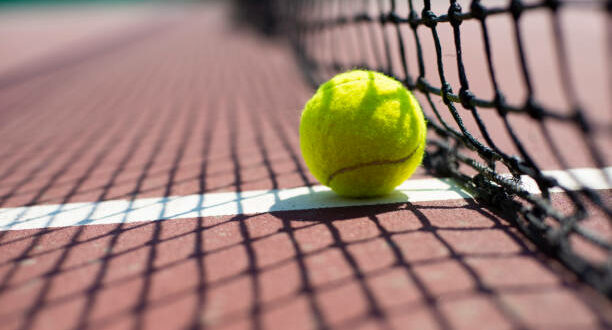 Tennis ball lying on the court.